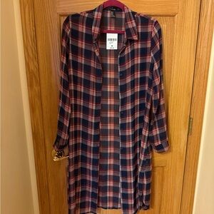 NWT Navy and Red Plaid Longline Button Down Duster